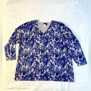Vintage Ulla Popken Blue Floral V-Neck Button Cardigan with Sequin/Bead Appliqué